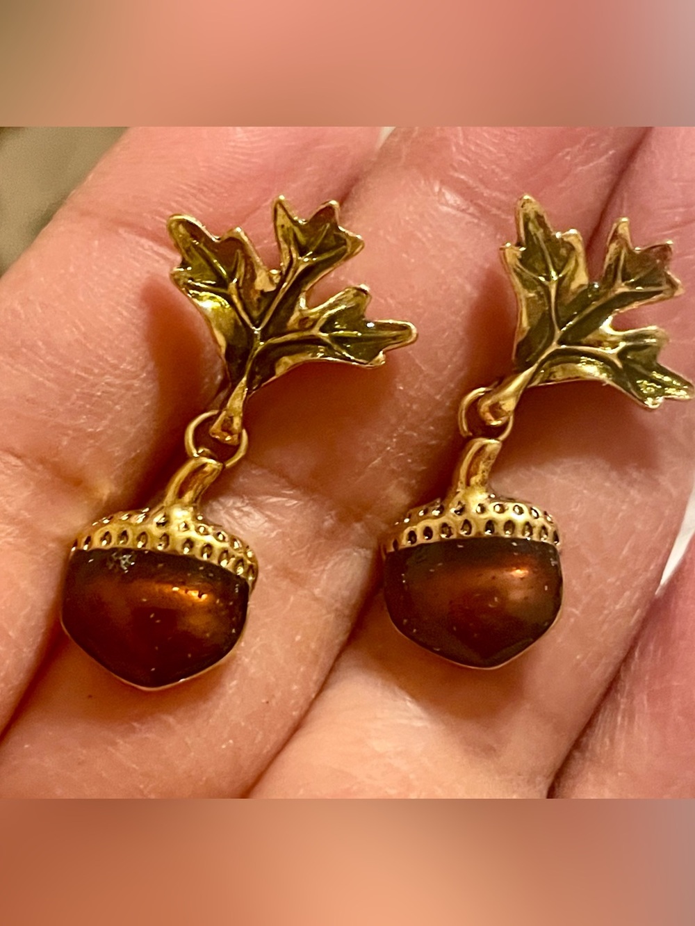 Avon Gold-Tone Acorn Drop Earrings with Brown Enamel